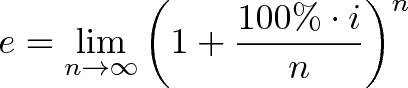 \displaystyle{e = \lim_{n\to\infty} \left( 1 + \frac{100\%\cdot i}{n} \right)^n} \displaystyle{e = \lim_{n\to\infty} \left( 1 + \frac{100\%\cdot i}{n} \right)^n}