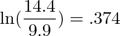 \displaystyle{\ln(\frac{14.4}{9.9}) = .374}