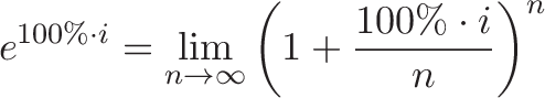 \displaystyle{e^{100\% \cdot i} = \lim_{n\to\infty} \left( 1 + \frac{100\%\cdot i}{n} \right)^n}