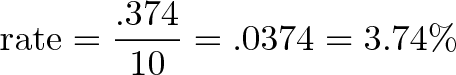 { \text{snelheid} = \frac{.374}{10} = .0374 = 3,74%}